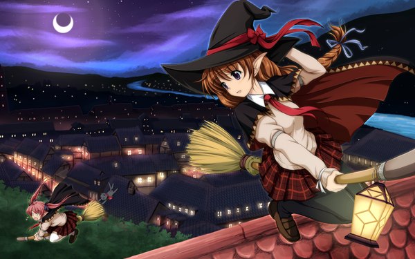 Anime picture 1920x1200 with original shira-nyoro highres brown hair wide image purple eyes twintails multiple girls pink hair night witch broom riding girl 2 girls animal star (stars) cat witch hat lamp broom