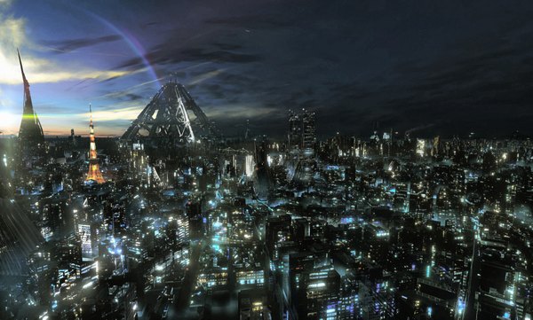 Anime picture 1920x1157 with guilty crown production i.g redjuice highres wide image sky cloud (clouds) city city lights