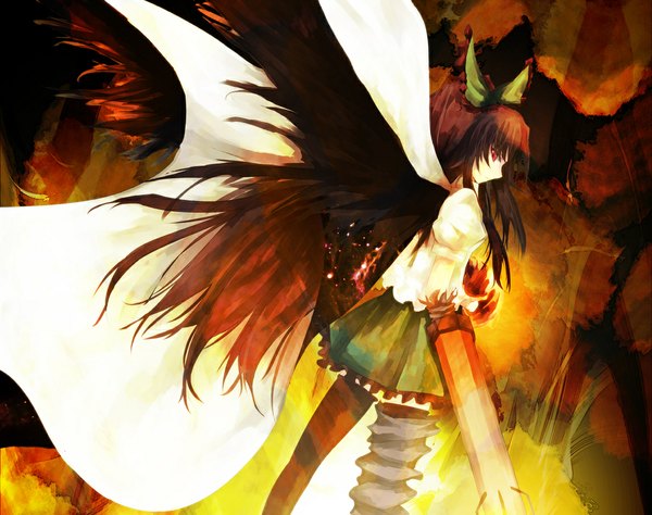 Anime picture 1146x907 with touhou reiuji utsuho asagi shii single long hair red eyes brown hair profile arm cannon girl bow weapon hair bow wings