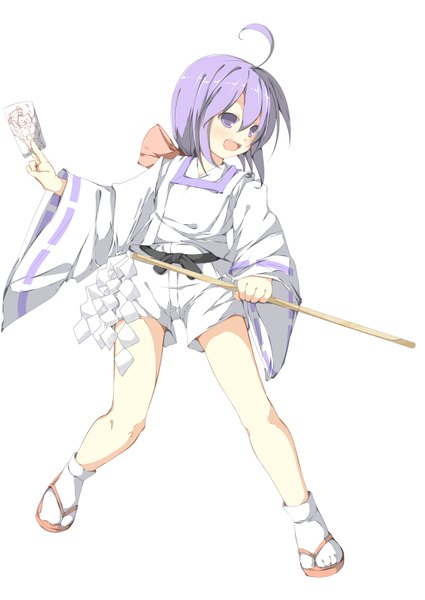 Anime picture 2507x3541 with last blade ichijou akari tabuchisan single long hair tall image blush highres open mouth simple background white background purple eyes looking away purple hair ahoge traditional clothes miko girl bow hair bow