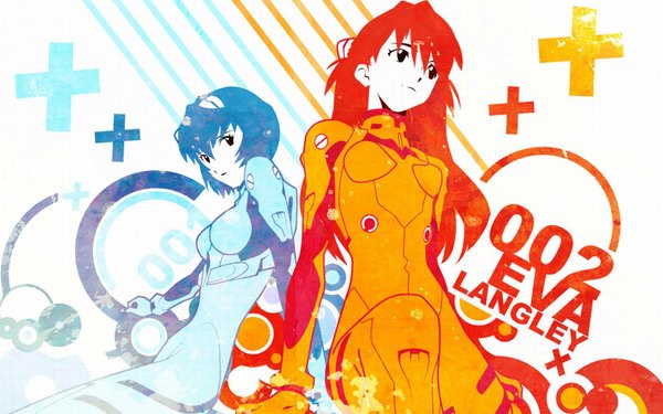 Anime picture 1680x1050 with neon genesis evangelion gainax soryu asuka langley ayanami rei long hair short hair wide image multiple girls blue hair red hair looking back girl 2 girls pilot suit plus