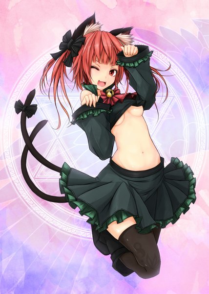Anime picture 1500x2100 with touhou kaenbyou rin maru-pen single long hair tall image breasts open mouth light erotic red eyes twintails animal ears red hair one eye closed wink cat ears cat girl cat tail magic girl