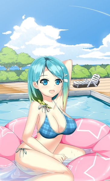 Anime picture 1700x2800 with league of legends sona buvelle freesha single tall image looking at viewer blush short hair breasts open mouth blue eyes light erotic smile large breasts multicolored hair girl swimsuit bikini pool