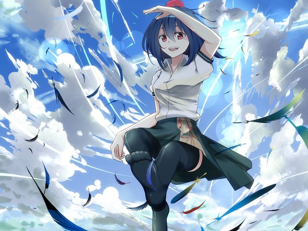 Anime picture 1600x1200 with touhou shameimaru aya hidaka kouyou short hair open mouth black hair red eyes sky cloud (clouds) girl thighhighs skirt black thighhighs shirt feather (feathers)
