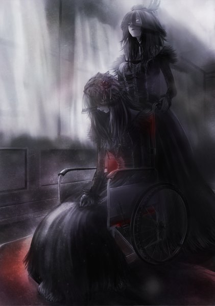 Anime picture 1262x1800 with original gausu long hair tall image standing sitting multiple girls long sleeves looking down dark background white eyes girl dress flower (flowers) 2 girls black dress rose (roses) fur corset wheelchair