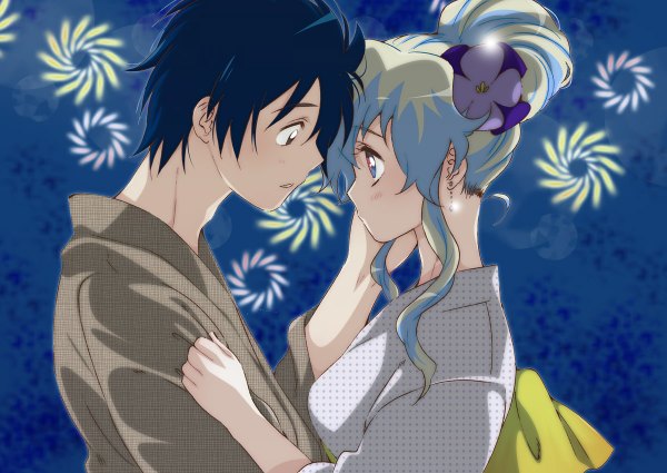 Anime picture 1200x850 with tengen toppa gurren lagann gainax nia teppelin simon yukimitsuki long hair blush short hair open mouth blue eyes blue hair traditional clothes japanese clothes profile aqua hair couple hug alternate hairstyle face to face hair up