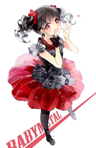 Anime picture 1000x1533 with babymetal mizuno yui ayumaru (art of life) single tall image looking at viewer blush short hair open mouth black hair simple background red eyes white background twintails full body from above copyright name drill hair short twintails girl
