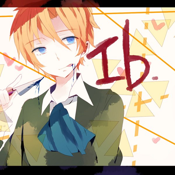Anime picture 1024x1024 with ib (game) mary (ib) single short hair blue eyes blonde hair inscription :p girl tongue knife