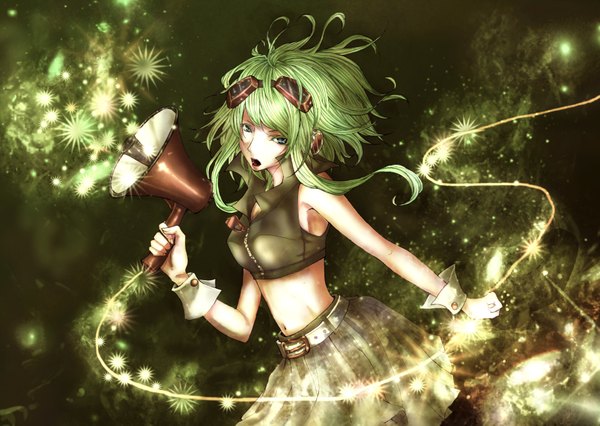 Anime picture 1700x1209 with vocaloid gumi aloeloa single highres short hair bare shoulders green eyes green hair midriff open collar girl skirt belt headphones goggles wire (wires) megaphone