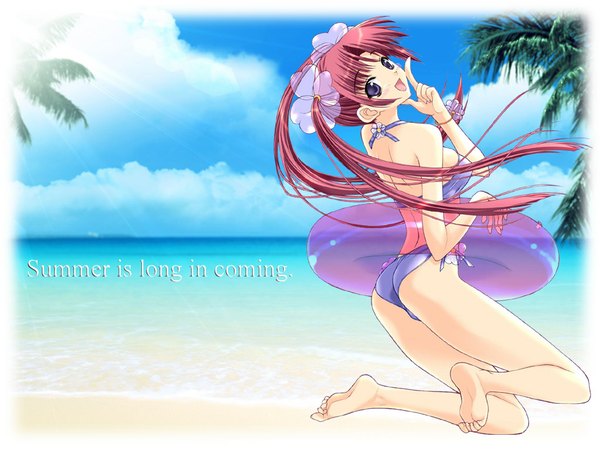 Anime picture 1024x768 with purple eyes red hair wallpaper beach kneeling landscape ranguage engrish swimsuit bikini sea swim ring