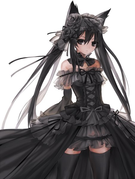 Anime picture 1015x1344 with original black hole mizushirazu single long hair tall image black hair simple background white background twintails animal ears black eyes girl thighhighs dress flower (flowers) black thighhighs detached sleeves headdress