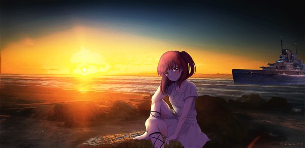 Anime picture 2700x1310 with magi the labyrinth of magic a-1 pictures morgiana single looking at viewer blush highres short hair wide image red hair barefoot one side up evening sunset girl sea watercraft ship