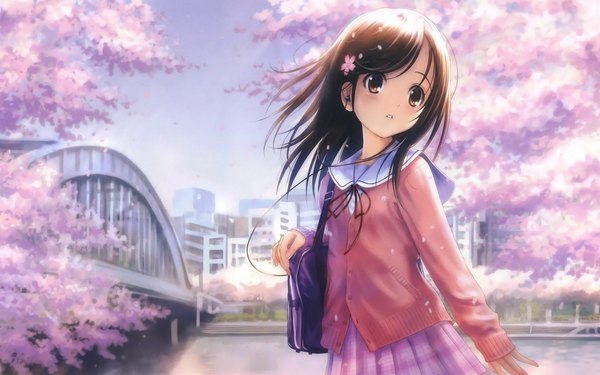 Anime picture 1920x1200 with original goto p long hair highres brown hair wide image brown eyes cherry blossoms serafuku headphones