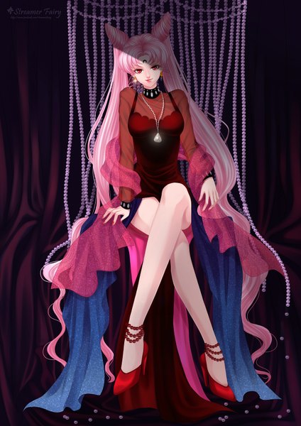Anime picture 1240x1754 with bishoujo senshi sailor moon toei animation chibiusa black lady koya single tall image looking at viewer red eyes sitting twintails pink hair very long hair crossed legs girl dress pendant beads palantine