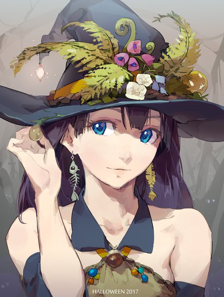 Anime picture 905x1200 with original tennohi single long hair tall image looking at viewer blue eyes black hair bare shoulders grey background portrait shaded face halloween 2017 girl flower (flowers) plant (plants) hat earrings witch hat