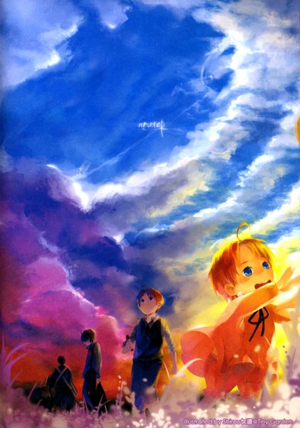 Anime picture 4192x5973 with axis powers hetalia studio deen united kingdom (hetalia) tall image highres short hair blue eyes blonde hair smile brown hair absurdres sky cloud (clouds) outdoors sunlight scan boy flower (flowers) child (children)