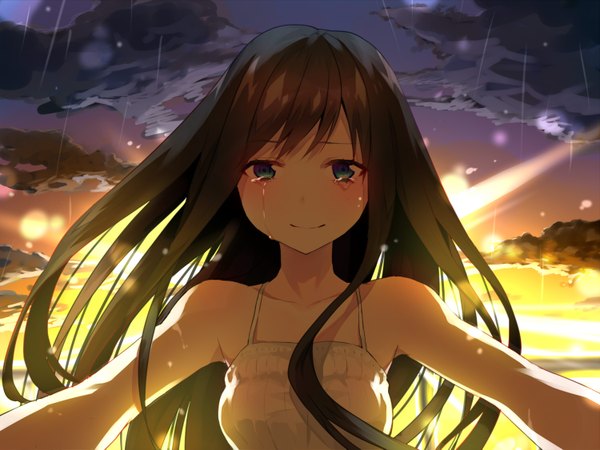 Anime picture 1500x1125 with original hijiri-ssh single long hair looking at viewer fringe blue eyes black hair smile bare shoulders sky cloud (clouds) sunlight tears spread arms sunbeam girl dress white dress