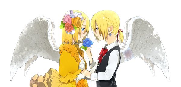 Anime picture 2083x1000 with vocaloid evillious nendaiki aku no musume (vocaloid) kagamine rin kagamine len kurono yuu highres short hair blue eyes simple background blonde hair wide image white background hair flower couple angel wings face to face twins girl dress