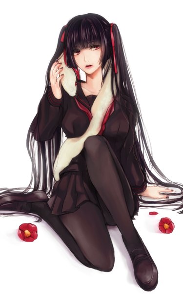 Anime picture 900x1440 with original honegumi single tall image looking at viewer black hair red eyes white background very long hair girl skirt flower (flowers) ribbon (ribbons) hair ribbon animal pantyhose snake camellia (flower)