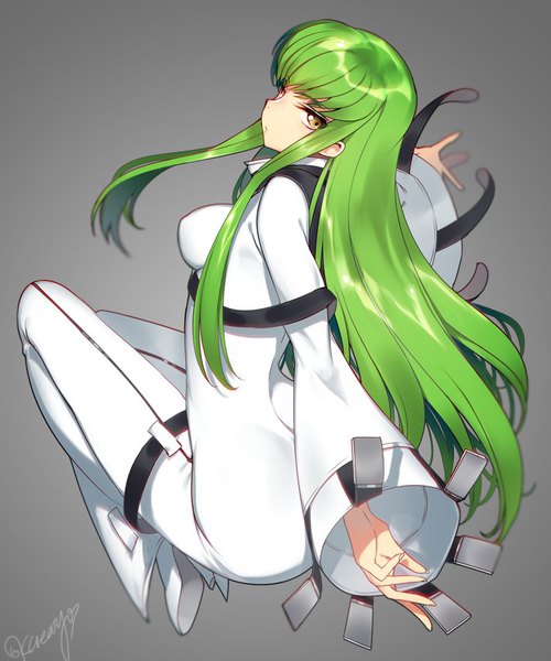 Anime picture 710x851 with code geass sunrise (studio) c.c. creayus single long hair tall image looking at viewer fringe breasts simple background signed yellow eyes bent knee (knees) ass long sleeves looking back green hair from behind grey background