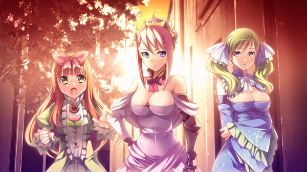 Anime picture 1280x720 with gensou douwa alicetale long hair short hair breasts open mouth blue eyes light erotic blonde hair wide image twintails multiple girls green eyes game cg green hair orange hair girl dress bow hair bow 3 girls
