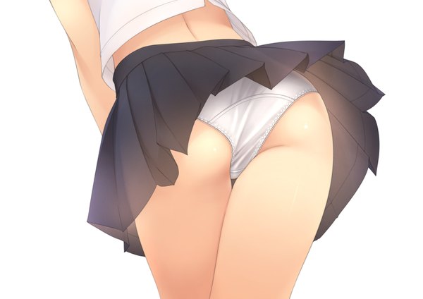 Anime picture 1600x1131 with original f-ism murakami suigun single light erotic simple background white background ass pleated skirt leaning leaning forward thighs shiny skin back close-up head out of frame skirt flip girl skirt underwear
