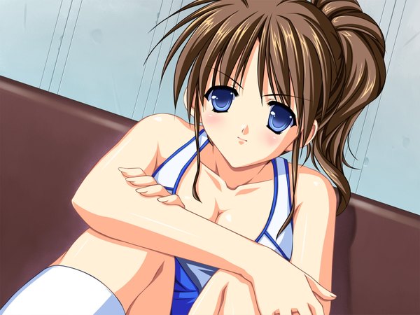 Anime picture 1600x1200 with blue eyes brown hair game cg ponytail girl