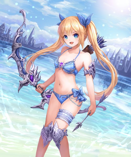 Anime picture 1000x1200 with original lunacle single long hair tall image looking at viewer fringe open mouth blue eyes light erotic blonde hair smile twintails holding sky cloud (clouds) sunlight reflection girl weapon