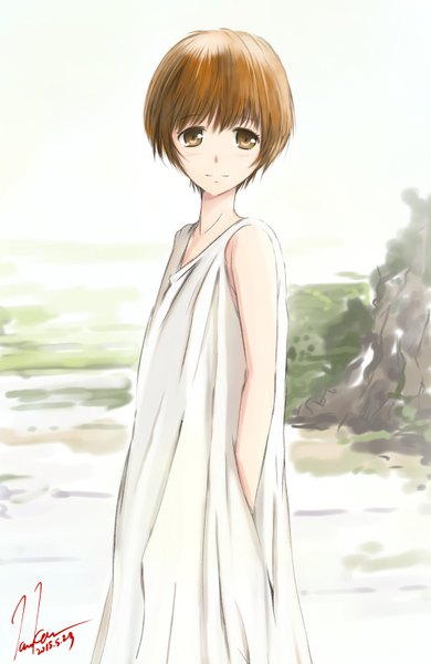 Anime picture 1000x1535 with original kem kem single tall image blush fringe short hair brown hair bare shoulders brown eyes signed looking away light smile dated androgynous girl dress white dress sea