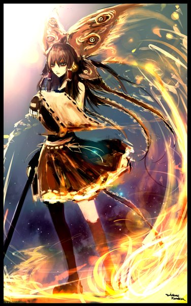 Anime picture 1200x1914 with touhou hakurei reimu 31 violence (artist) single long hair tall image fringe brown hair brown eyes traditional clothes girl hair ornament bow ribbon (ribbons) hair bow detached sleeves fire