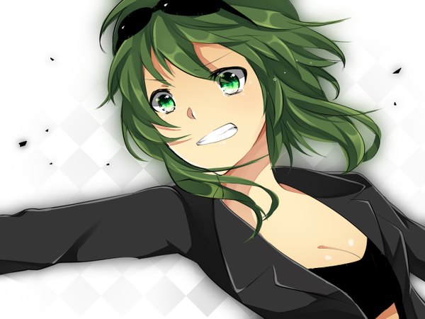 Anime picture 1400x1050 with vocaloid gumi achiki single short hair breasts simple background green eyes green hair tears grin rhombus girl sunglasses
