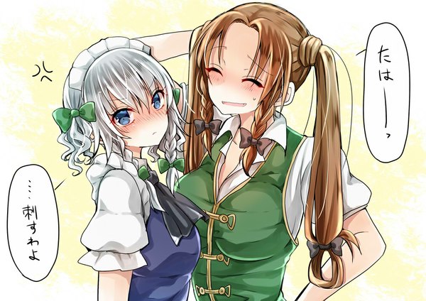 Anime picture 1000x708 with touhou izayoi sakuya hong meiling mimoto (aszxdfcv) long hair looking at viewer blush short hair blue eyes brown hair twintails multiple girls silver hair braid (braids) eyes closed maid hand on hip twin braids arm behind head alternate hairstyle