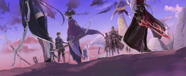 Anime picture 1480x612 with tales of (series) tales of vesperia tagme (character) yuri lowell flynn scifo raven (tov) ayumiso (artist) long hair black hair wide image sky purple hair cloud (clouds) white hair looking back group boy weapon animal sword