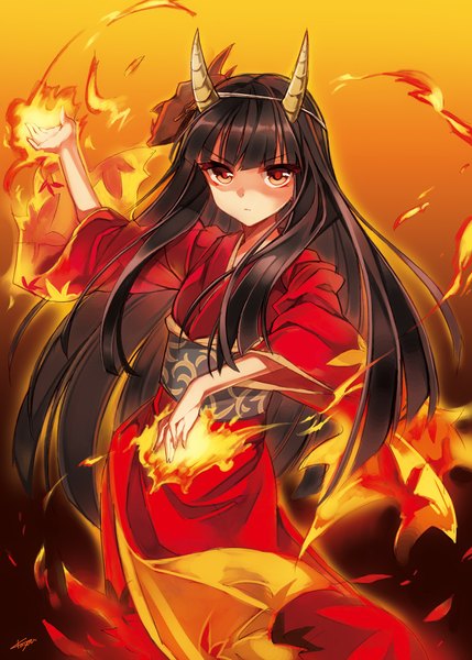 Anime picture 820x1147 with original hinomoto oniko kayou (kayou-bi) single long hair tall image looking at viewer black hair red eyes traditional clothes japanese clothes horn (horns) oni horns girl kimono fire flame