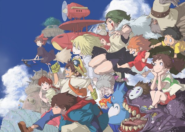 Anime picture 1187x850 with howl's moving castle spirited away tonari no totoro mononoke hime kiki's delivery service kaze no tani no nausicaa laputa castle in the sky gake no ue no ponyo porco rosso studio ghibli howl san kiki ogino chihiro jiji sophie hatter nausicaa no face (spirited away) calcifer ashitaka