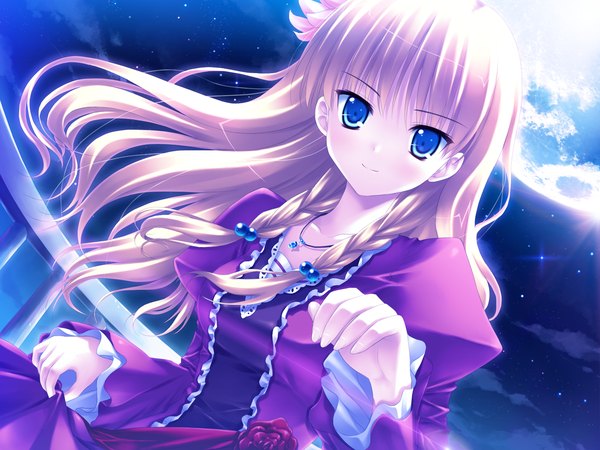 Anime picture 1600x1200 with nanairo kouro rachel windsor rakko long hair blue eyes brown hair game cg night girl dress moon