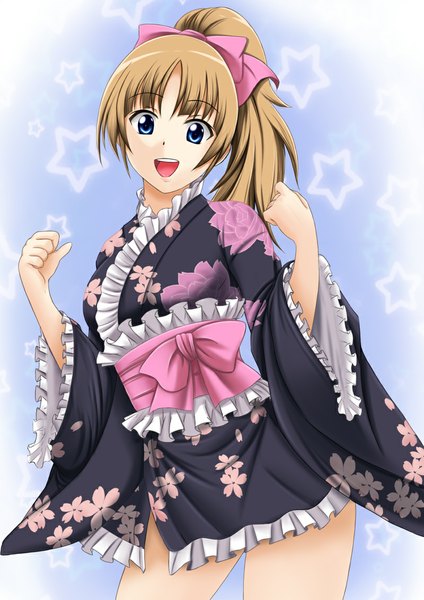 Anime picture 800x1131 with original fuuma nagi single long hair tall image looking at viewer open mouth blue eyes blonde hair ponytail traditional clothes japanese clothes girl bow hair bow frills kimono star (symbol) obi