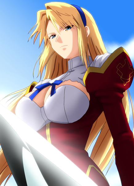Anime picture 764x1052 with freezing satellizer el bridget diesel-turbo single long hair tall image breasts blue eyes light erotic blonde hair large breasts looking away sky cleavage cloud (clouds) girl dress uniform ribbon (ribbons) weapon