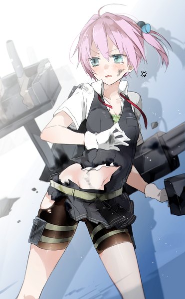 Anime picture 600x970 with kantai collection shiranui destroyer sino (sionori) single tall image blush short hair open mouth light erotic hair between eyes looking away pink hair ahoge aqua eyes bare belly shadow gradient background torn clothes groin side ponytail