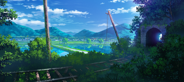 Anime picture 2048x921 with original monorisu highres wide image sky cloud (clouds) outdoors sunlight shadow reflection mountain no people landscape nature broken village plant (plants) tree (trees) water leaf (leaves)