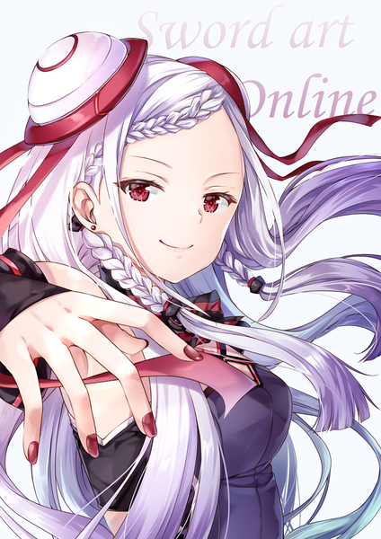 Anime picture 868x1228 with sword art online sword art online the movie: ordinal scale a-1 pictures yuna (sao) yoshida iyo single long hair tall image looking at viewer simple background smile red eyes white background silver hair upper body braid (braids) nail polish fingernails copyright name floating hair
