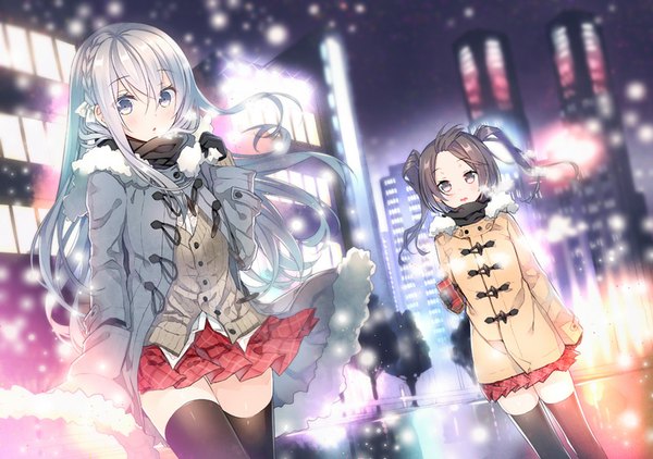 Anime picture 800x563 with original yadapot long hair looking at viewer blush open mouth brown hair twintails multiple girls brown eyes silver hair wind :o city winter exhalation silver eyes girl thighhighs uniform