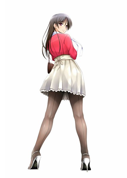 Anime picture 800x1122 with original hiyoko daiou single long hair tall image black hair simple background white background purple eyes looking back girl dress skirt pantyhose shoes bag