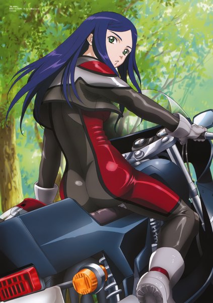 Anime picture 4901x6958 with mai hime sunrise (studio) megami magazine kuga natsuki tall image highres light erotic green eyes blue hair absurdres ass looking back official art girl bodysuit pilot suit motorcycle