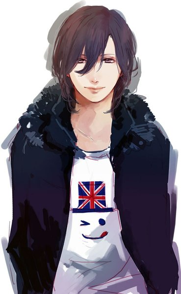 Anime picture 615x1000 with uta no prince-sama a-1 pictures kotobuki reiji single tall image looking at viewer short hair simple background brown hair white background brown eyes one eye closed light smile wink open clothes open jacket flag print boy jacket fur