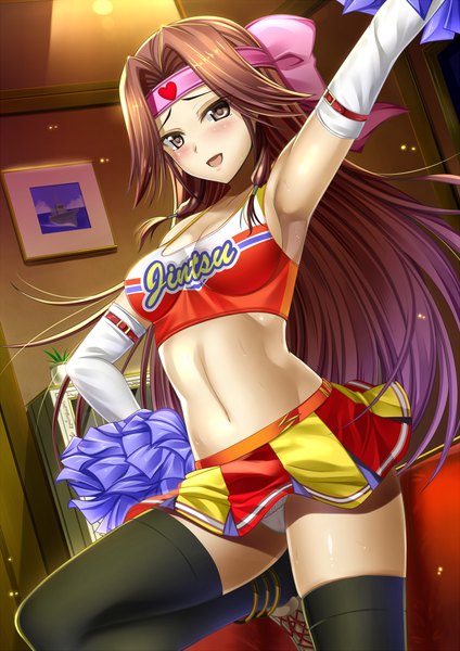 Anime picture 723x1023 with kantai collection jintsuu light cruiser shibata rai single long hair tall image looking at viewer blush open mouth light erotic brown hair brown eyes cheerleader girl thighhighs skirt navel black thighhighs miniskirt