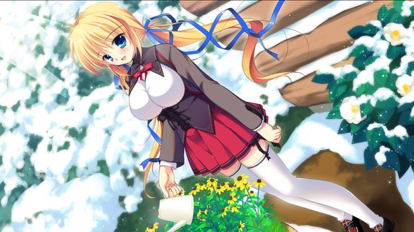 Anime picture 2560x1440 with manatsu no yoru no yuki monogatari kagamatsuri mana mikeou long hair blush highres open mouth blue eyes blonde hair wide image twintails game cg girl thighhighs skirt uniform flower (flowers) ribbon (ribbons) hair ribbon school uniform