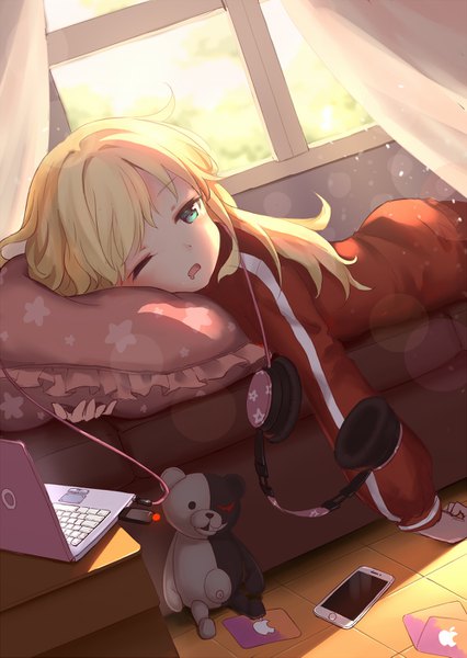 Anime picture 1000x1409 with dangan ronpa gabriel dropout doga kobo apple inc. monokuma tenma gabriel white aliter single long hair tall image open mouth blue eyes blonde hair looking away indoors lying sunlight lens flare floral print on stomach