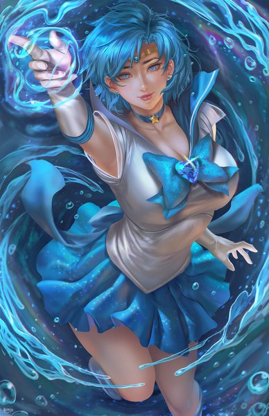 Anime picture 3300x5100 with bishoujo senshi sailor moon toei animation mizuno ami sailor mercury nopeys single tall image looking at viewer fringe highres short hair breasts blue eyes smile large breasts blue hair absurdres cleavage pleated skirt arm up