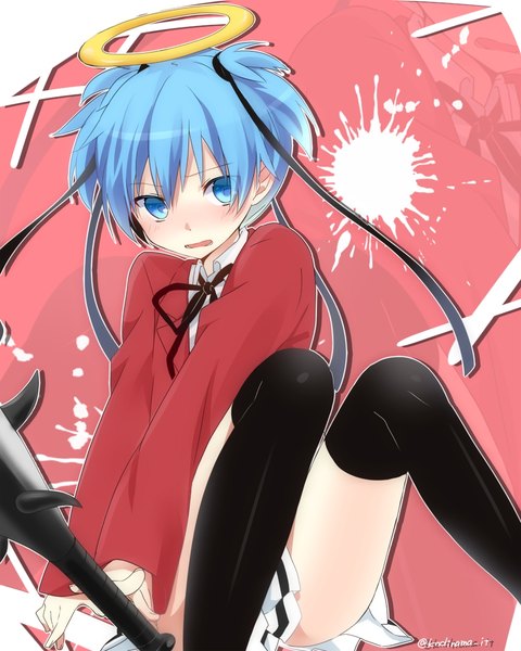 Anime picture 921x1152 with ansatsu kyoushitsu bokusatsu tenshi dokuro-chan shiota nagisa hi-ma single tall image looking at viewer blush fringe short hair blue eyes sitting twintails blue hair parted lips pleated skirt alternate costume embarrassed short twintails cosplay